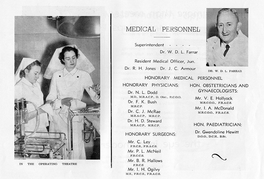 The hospital’s first surgeons and physicians in 1953